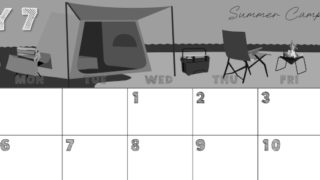 2026年7月横型モノクロの日曜始まり 夏休みイラストのかわいいA4無料白黒カレンダー(2026-00430700)