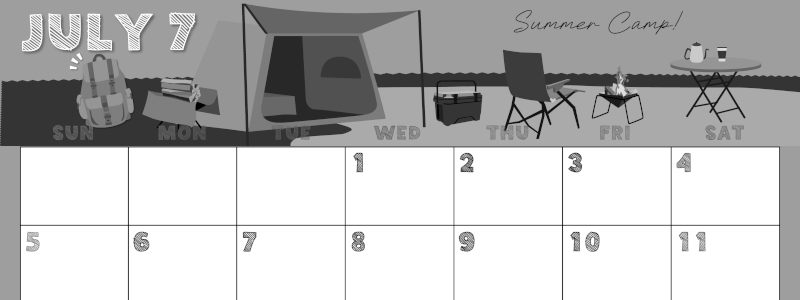 2026年7月横型モノクロの日曜始まり 夏休みイラストのかわいいA4無料白黒カレンダー(2026-00430700)