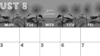 2026年8月横型モノクロの日曜始まり 夏らしいイラストのかわいいA4無料白黒カレンダー(2026-00430800)