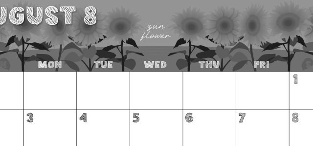 2026年8月横型モノクロの日曜始まり 夏らしいイラストのかわいいA4無料白黒カレンダー(2026-00430800)