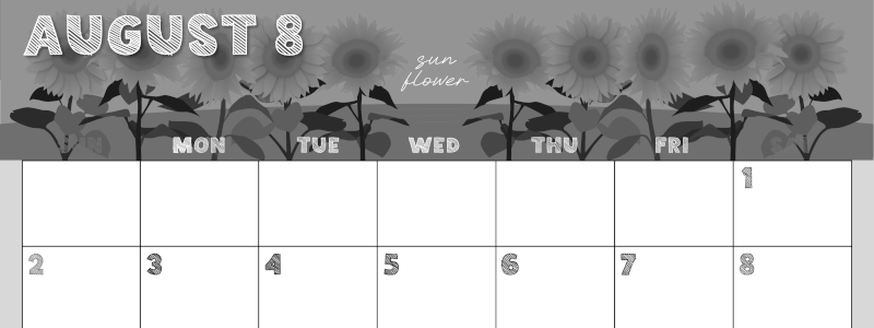 2026年8月横型モノクロの日曜始まり 夏らしいイラストのかわいいA4無料白黒カレンダー(2026-00430800)