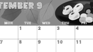 2026年9月横型モノクロの日曜始まり 和菓子イラストのかわいいA4無料白黒カレンダー(2026-00430900)