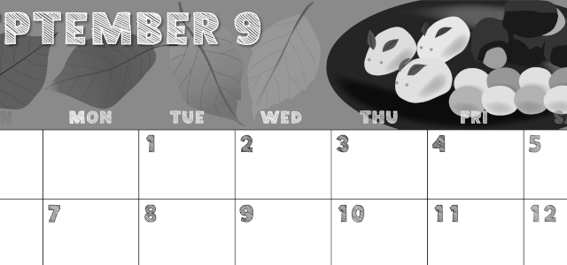 2026年9月横型モノクロの日曜始まり 和菓子イラストのかわいいA4無料白黒カレンダー(2026-00430900)