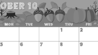 2026年10月横型モノクロの日曜始まり 秋の季節イラストのかわいいA4無料白黒カレンダー(2026-00431000)