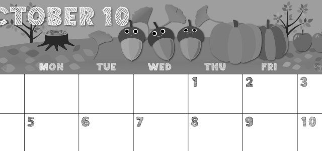 2026年10月横型モノクロの日曜始まり 秋の季節イラストのかわいいA4無料白黒カレンダー(2026-00431000)