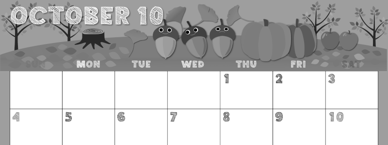 2026年10月横型モノクロの日曜始まり 秋の季節イラストのかわいいA4無料白黒カレンダー(2026-00431000)