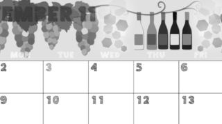 2026年11月横型モノクロの日曜始まり 赤白ワインのかわいいイラストA4無料白黒カレンダー(2026-00431100)