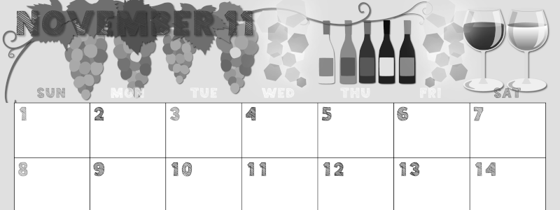2026年11月横型モノクロの日曜始まり 赤白ワインのかわいいイラストA4無料白黒カレンダー(2026-00431100)