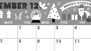 2026年12月横型モノクロの日曜始まり 季節の行事イラストがかわいいA4無料白黒カレンダー(2026-00431200)