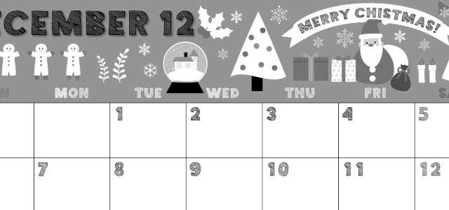 2026年12月横型モノクロの日曜始まり 季節の行事イラストがかわいいA4無料白黒カレンダー(2026-00431200)