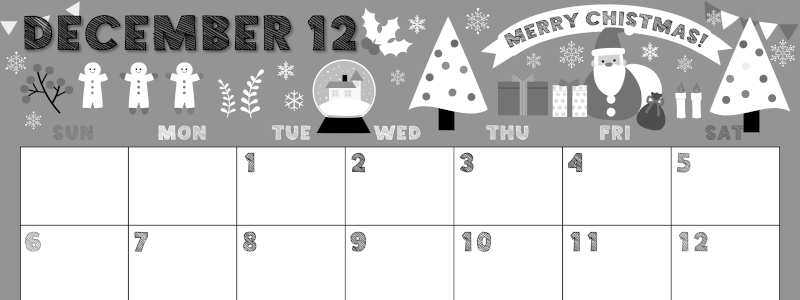 2026年12月横型モノクロの日曜始まり 季節の行事イラストがかわいいA4無料白黒カレンダー(2026-00431200)