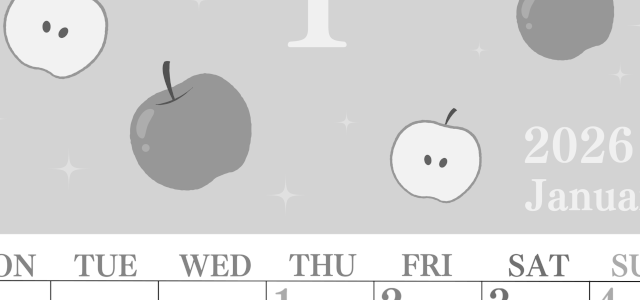 2026年1月縦型モノクロの月曜始まり りんごイラストのかわいいA4無料白黒カレンダー(2026-00440111)