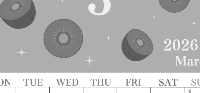 2026年3月縦型モノクロの月曜始まり キウイのかわいいイラストA4無料白黒カレンダー(2026-00440311)