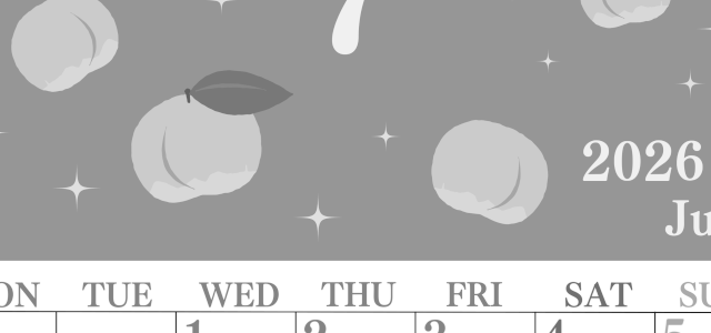 2026年7月縦型モノクロの月曜始まり 桃のイラストがかわいいA4無料白黒カレンダー(2026-00440711)