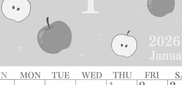 2026年1月縦型モノクロの日曜始まり 大きいりんごイラストのかわいいA4無料白黒カレンダー(2026-00440110)
