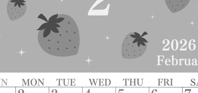 2026年2月縦型モノクロの日曜始まり いちごがかわいいイラストA4無料白黒カレンダー(2026-00440210)