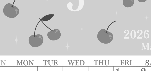 2026年5月縦型モノクロの日曜始まり さくらんぼイラストのかわいいA4無料白黒カレンダー(2026-00440510)