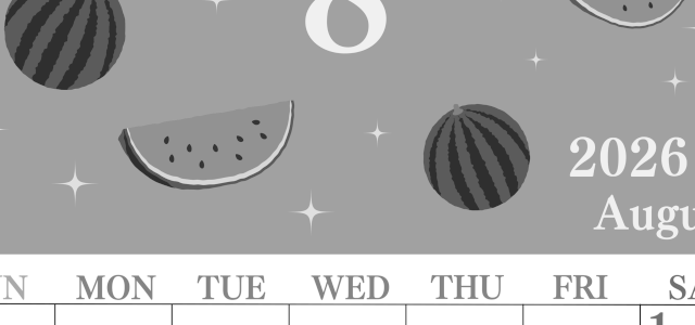2026年8月縦型モノクロの日曜始まり 西瓜イラストのかわいいA4無料白黒カレンダー(2026-00440810)