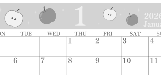 2026年1月横型モノクロの月曜始まり 丸いりんごイラストのかわいいA4無料白黒カレンダー(2026-00440101)