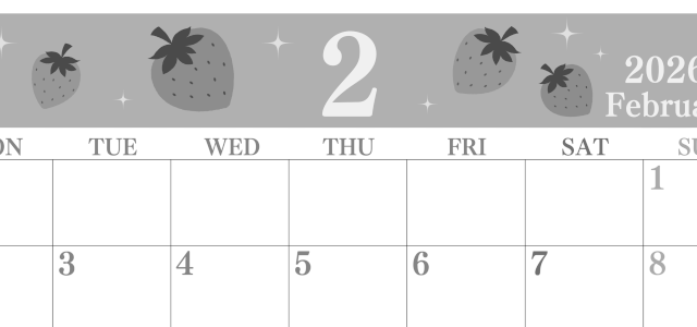 2026年2月横型モノクロの月曜始まり いちごがかわいいイラストA4無料白黒カレンダー(2026-00440201)