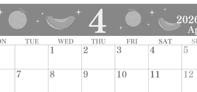 2026年4月横型モノクロの月曜始まり メロンのイラストのかわいいA4無料白黒カレンダー(2026-00440401)