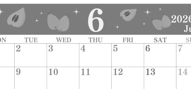 2026年6月横型モノクロの月曜始まり びわのイラストがかわいいA4無料白黒カレンダー(2026-00440601)