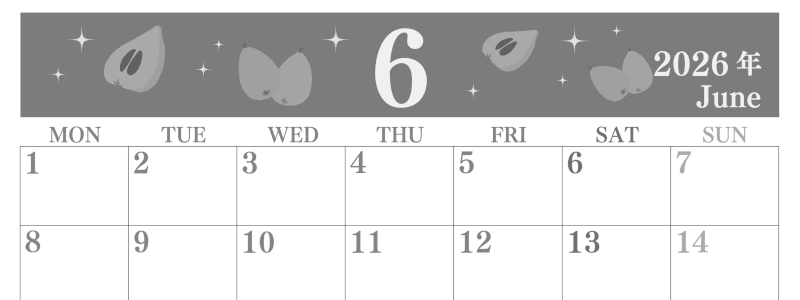 2026年6月横型モノクロの月曜始まり びわのイラストがかわいいA4無料白黒カレンダー(2026-00440601)
