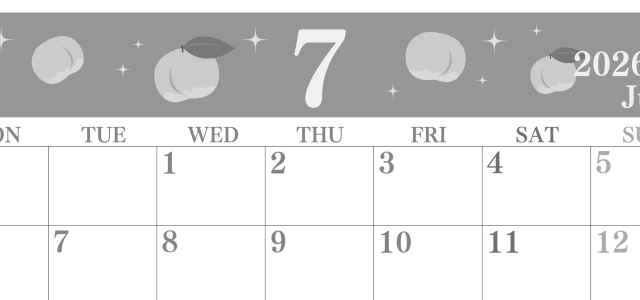 2026年7月横型モノクロの月曜始まり 桃のイラストがかわいいA4無料白黒カレンダー(2026-00440701)