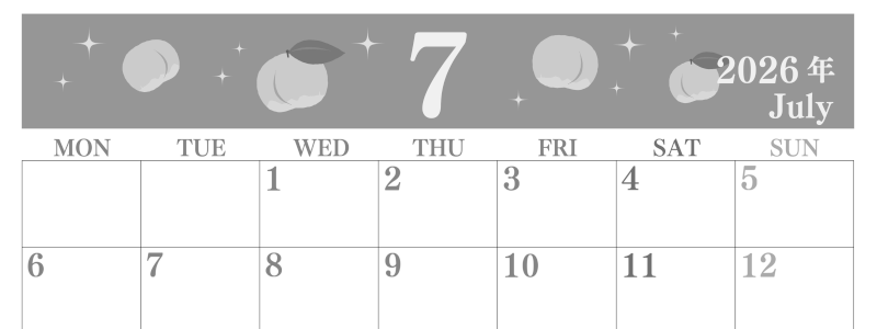 2026年7月横型モノクロの月曜始まり 桃のイラストがかわいいA4無料白黒カレンダー(2026-00440701)