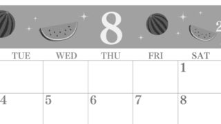 2026年8月横型モノクロの月曜始まり 西瓜イラストのかわいいA4無料白黒カレンダー(2026-00440801)