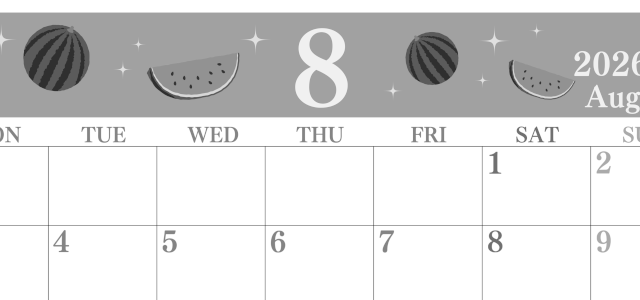 2026年8月横型モノクロの月曜始まり 西瓜イラストのかわいいA4無料白黒カレンダー(2026-00440801)