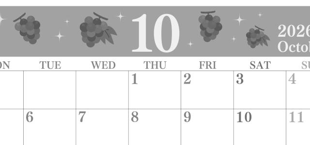 2026年10月横型モノクロの月曜始まり フルーツのイラストがかわいいA4無料白黒カレンダー(2026-00441001)