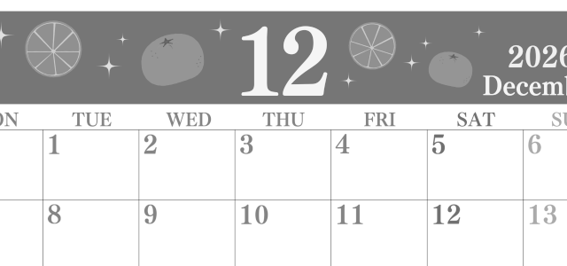 2026年12月横型モノクロの月曜始まり みかんイラストのかわいいA4無料白黒カレンダー(2026-00441201)