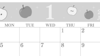 2026年1月横型モノクロの日曜始まり りんごイラストのかわいいA4無料白黒カレンダー(2026-00440100)