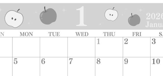 2026年1月横型モノクロの日曜始まり りんごイラストのかわいいA4無料白黒カレンダー(2026-00440100)