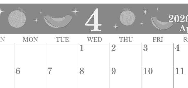 2026年4月横型モノクロの日曜始まり メロンのイラストのかわいいA4無料白黒カレンダー(2026-00440400)