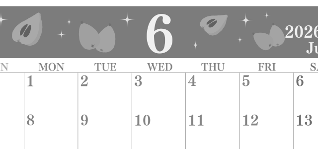 2026年6月横型モノクロの日曜始まり びわのイラストがかわいいA4無料白黒カレンダー(2026-00440600)