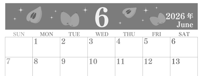 2026年6月横型モノクロの日曜始まり びわのイラストがかわいいA4無料白黒カレンダー(2026-00440600)
