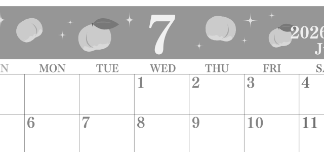 2026年7月横型モノクロの日曜始まり 桃のイラストがかわいいA4無料白黒カレンダー(2026-00440700)