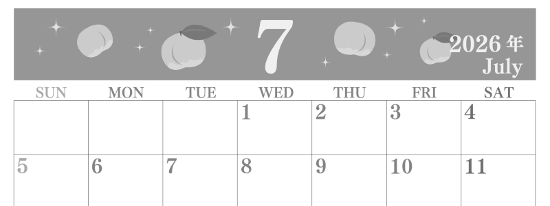 2026年7月横型モノクロの日曜始まり 桃のイラストがかわいいA4無料白黒カレンダー(2026-00440700)