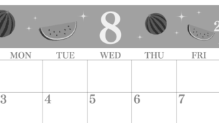 2026年8月横型モノクロの日曜始まり 西瓜イラストのかわいいA4無料白黒カレンダー(2026-00440800)