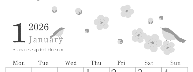 2026年1月縦型モノクロの月曜始まり うぐいすイラストのかわいいA4無料白黒カレンダー(2026-00450111)