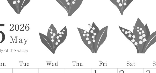 2026年5月縦型モノクロの月曜始まり 白い花イラストのかわいいA4無料白黒カレンダー(2026-00450511)