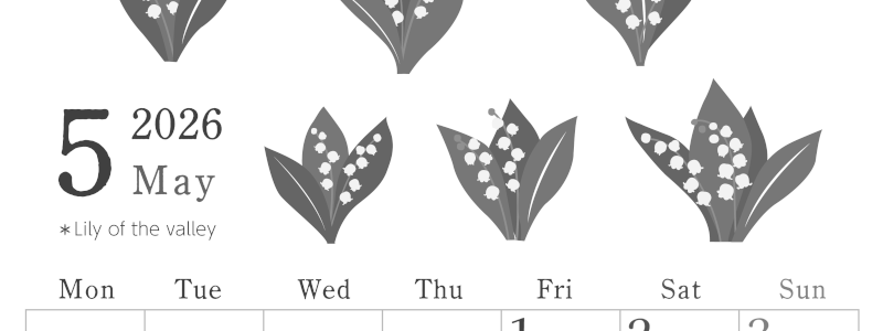 2026年5月縦型モノクロの月曜始まり 白い花イラストのかわいいA4無料白黒カレンダー(2026-00450511)