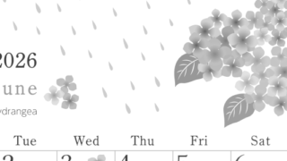 2026年6月縦型モノクロの月曜始まり 梅雨の季節イラストのかわいいA4無料白黒カレンダー(2026-00450611)