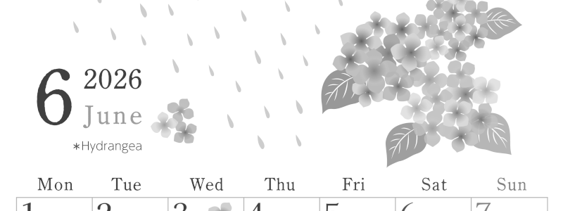 2026年6月縦型モノクロの月曜始まり 梅雨の季節イラストのかわいいA4無料白黒カレンダー(2026-00450611)