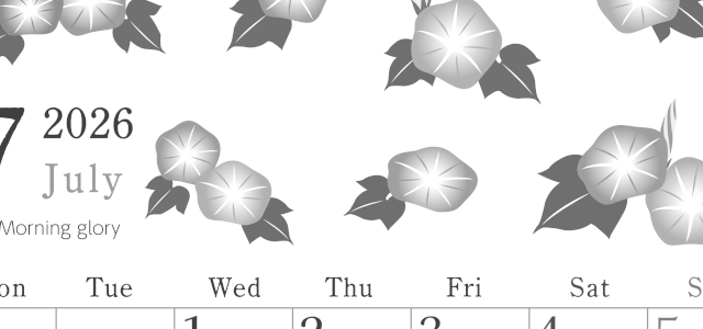 2026年7月縦型モノクロの月曜始まり 季節の花イラストのかわいいA4無料白黒カレンダー(2026-00450711)