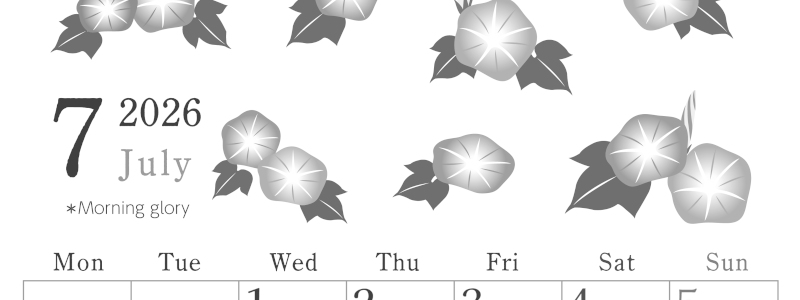 2026年7月縦型モノクロの月曜始まり 季節の花イラストのかわいいA4無料白黒カレンダー(2026-00450711)