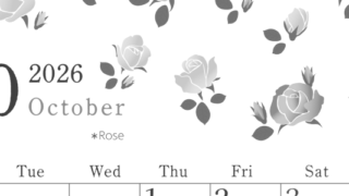 2026年10月縦型モノクロの月曜始まり ローズがかわいいイラストA4無料白黒カレンダー(2026-00451011)