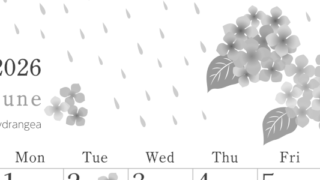 2026年6月縦型モノクロの日曜始まり 梅雨の季節イラストのかわいいA4無料白黒カレンダー(2026-00450610)
